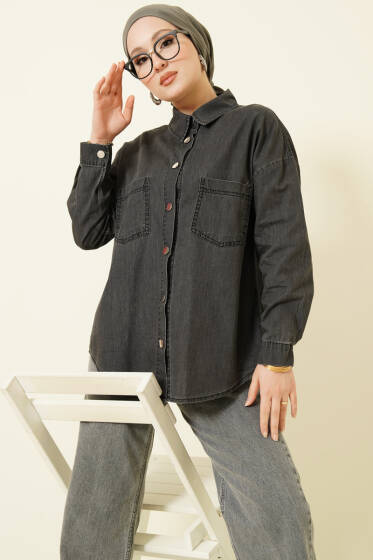 Çift Cepli Metal Düğmeli Gömlek Antrasit - Gömlek