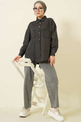 Çift Cepli Metal Düğmeli Gömlek Antrasit - Gömlek