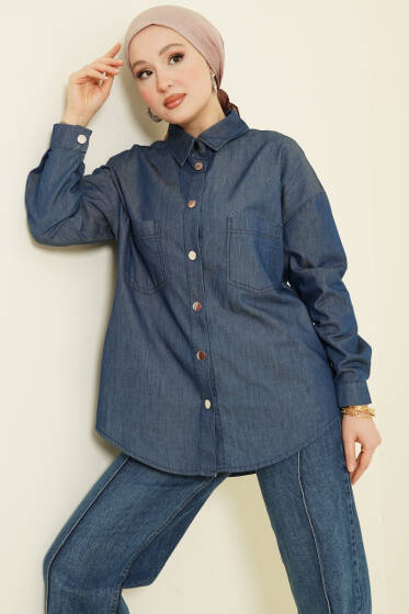 Çift Cepli Metal Düğmeli Gömlek Lacivert - Gömlek