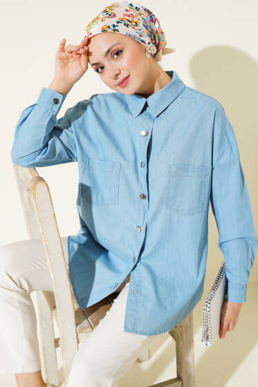 Çift Cepli Metal Düğmeli Gömlek Mavi - Gömlek
