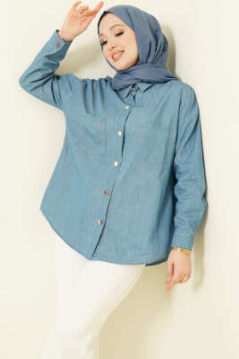 Çift Cepli Metal Düğmeli Gömlek Mavi - BERAT TEKSTİL