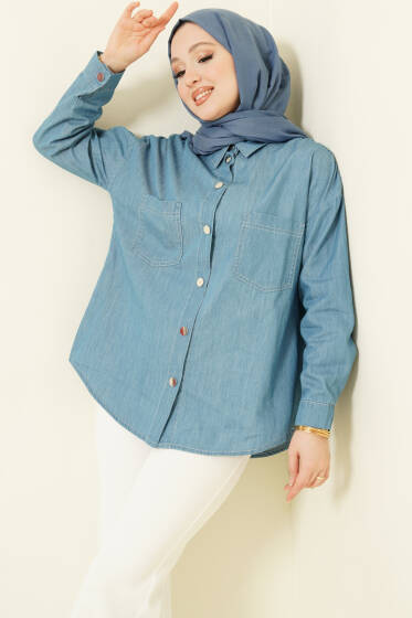 Çift Cepli Metal Düğmeli Gömlek Mavi - Gömlek