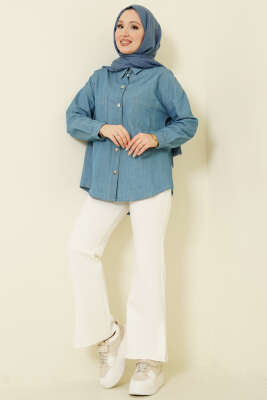 Çift Cepli Metal Düğmeli Gömlek Mavi - Gömlek
