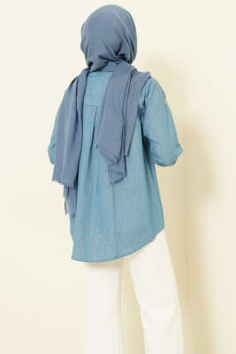 Çift Cepli Metal Düğmeli Gömlek Mavi - Gömlek