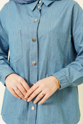 Çift Cepli Metal Düğmeli Gömlek Mavi - Gömlek