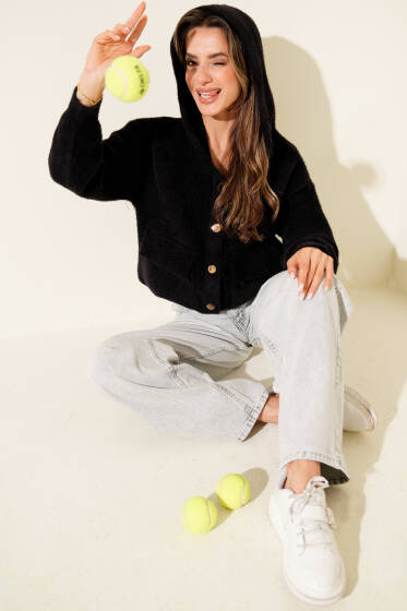 Çift Cepli Metal Düğmeli Kapüşonlu Hırka Siyah - Kadın Giyim Modelleri