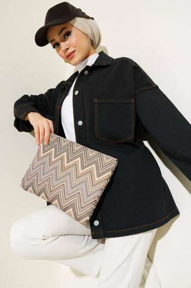 Çift Cepli Metal Düğmeli Kot Ceket Siyah - Ceket