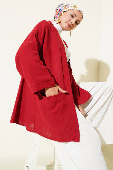 Çift Cepli Müslin Hırka Bordo - Hırka