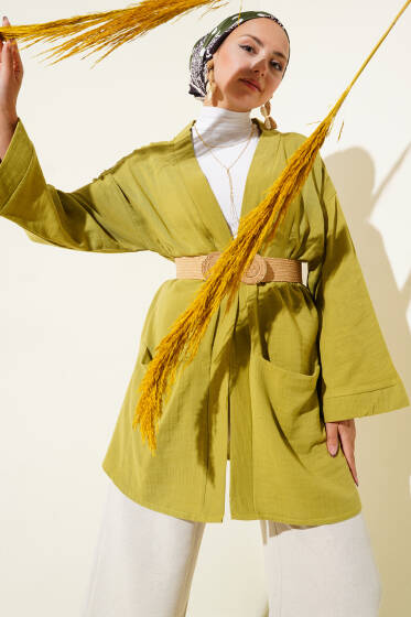 Çift Cepli Müslin Hırka Yağ Yeşili - Hırka