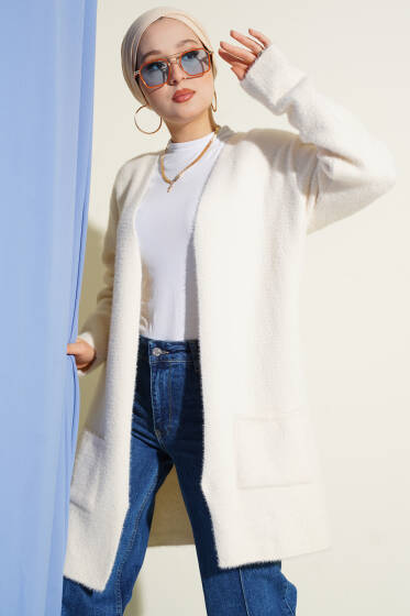 Çift Cepli Sakallı Hırka Ekru - Hırka