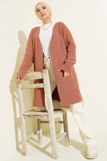 Çift Cepli Sakallı Hırka Gül Kurusu - Hırka