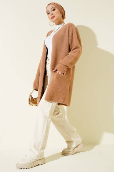 Çift Cepli Sakallı Hırka Latte - Hırka