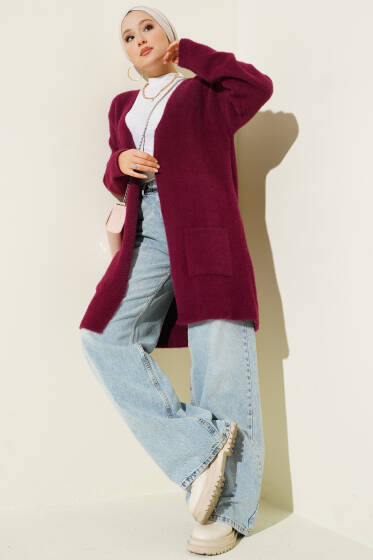 Çift Cepli Sakallı Hırka Magenta - Hırka