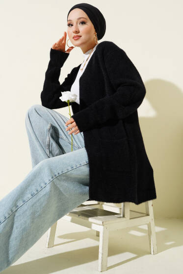 Çift Cepli Sakallı Hırka Siyah - Hırka