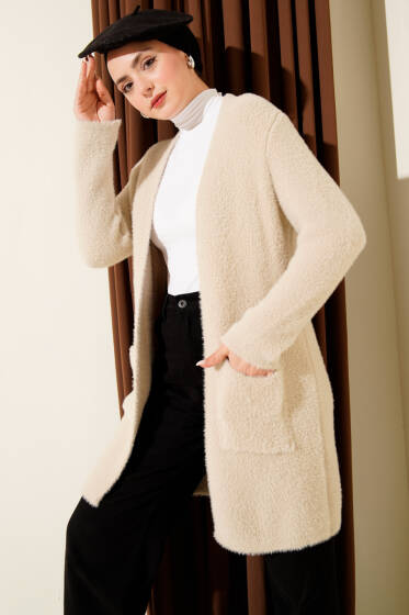 Çift Cepli Sakallı Triko Hırka Bej - Hırka