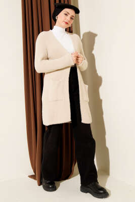 Çift Cepli Sakallı Triko Hırka Bej - Hırka