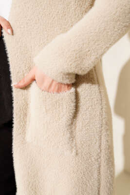 Çift Cepli Sakallı Triko Hırka Bej - Hırka