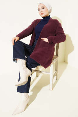 Çift Cepli Sakallı Triko Hırka Bordo - VANİZA TRİKO