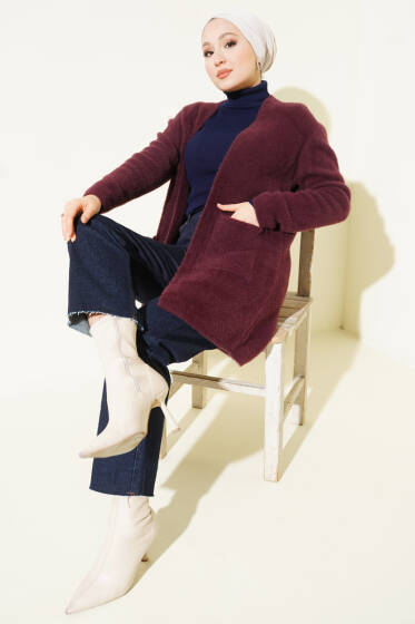 Çift Cepli Sakallı Triko Hırka Bordo - Hırka