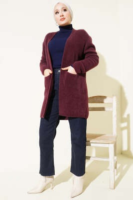 Çift Cepli Sakallı Triko Hırka Bordo - Hırka