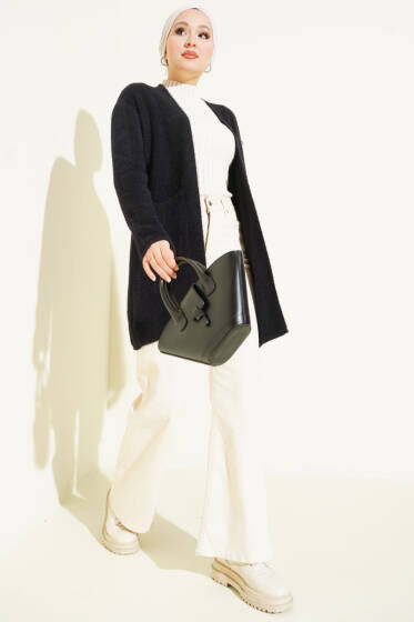 Çift Cepli Sakallı Triko Hırka Siyah - Hırka