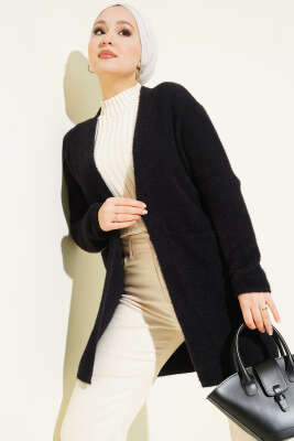 Çift Cepli Sakallı Triko Hırka Siyah - Hırka