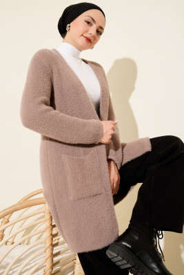 Çift Cepli Sakallı Triko Hırka Vizon - VANİZA TRİKO