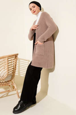 Çift Cepli Sakallı Triko Hırka Vizon - Hırka