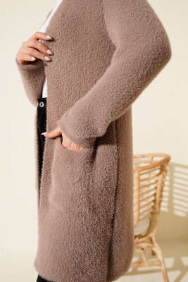 Çift Cepli Sakallı Triko Hırka Vizon - Hırka