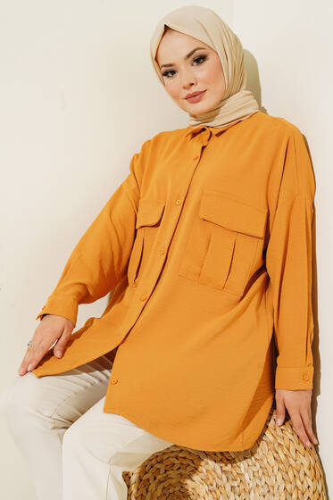 Çift Cepli Salaş Gömlek Hardal - Gömlek