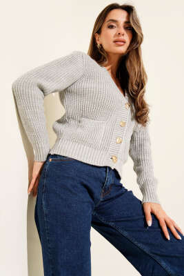 Çift Cepli Selanik Örgülü Kısa Triko Hırka Gri 