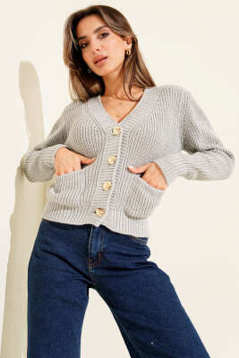 Çift Cepli Selanik Örgülü Kısa Triko Hırka Gri - Yılın Fırsatı