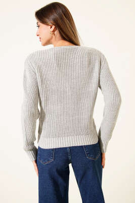 Çift Cepli Selanik Örgülü Kısa Triko Hırka Gri - Yılın Fırsatı