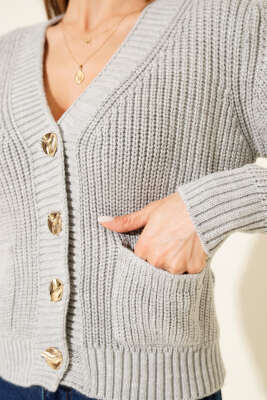 Çift Cepli Selanik Örgülü Kısa Triko Hırka Gri - Yılın Fırsatı