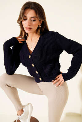 Çift Cepli Selanik Örgülü Kısa Triko Hırka Lacivert - Yılın Fırsatı