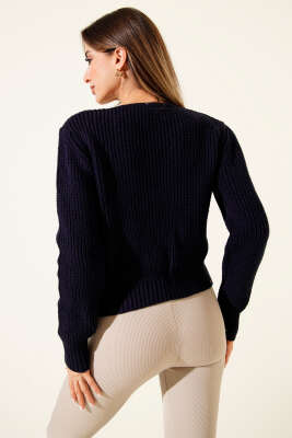 Çift Cepli Selanik Örgülü Kısa Triko Hırka Lacivert - Yılın Fırsatı