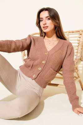 Çift Cepli Selanik Örgülü Kısa Triko Hırka Latte 