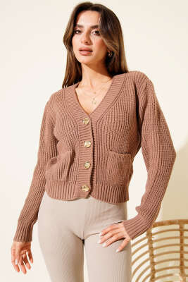 Çift Cepli Selanik Örgülü Kısa Triko Hırka Latte - Yılın Fırsatı