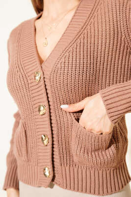 Çift Cepli Selanik Örgülü Kısa Triko Hırka Latte - Yılın Fırsatı