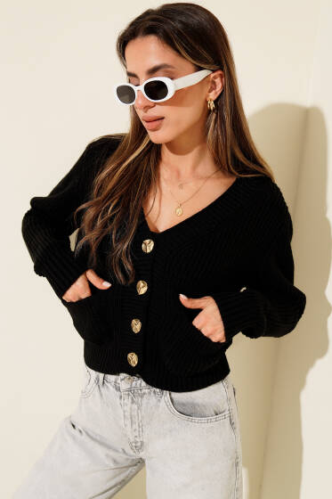 Çift Cepli Selanik Örgülü Kısa Triko Hırka Siyah - Kadın Giyim Modelleri