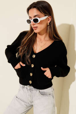 Çift Cepli Selanik Örgülü Kısa Triko Hırka Siyah 