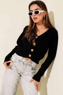 Çift Cepli Selanik Örgülü Kısa Triko Hırka Siyah - Yılın Fırsatı