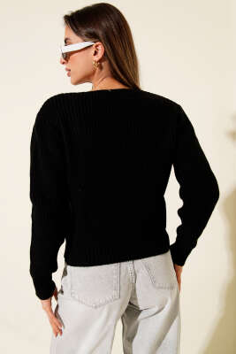 Çift Cepli Selanik Örgülü Kısa Triko Hırka Siyah - Yılın Fırsatı