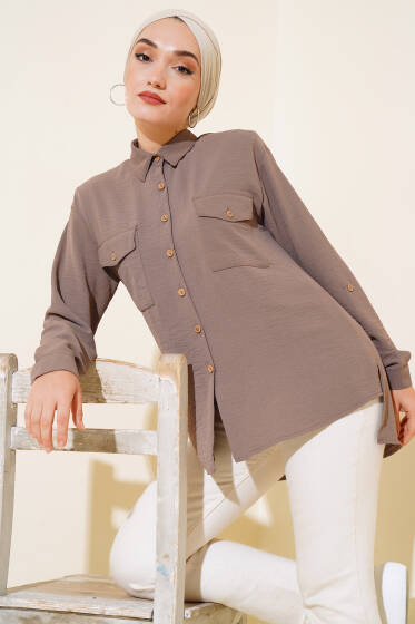 Çift Cepli Tahta Düğmeli Gömlek Bronz - Gömlek