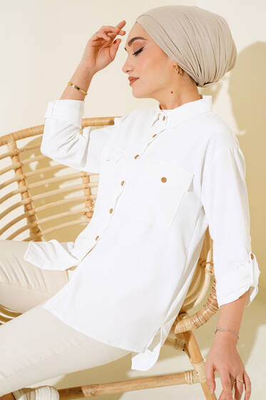 Çift Cepli Tahta Düğmeli Gömlek Ekru - Gömlek