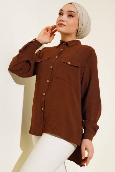 Çift Cepli Tahta Düğmeli Gömlek Kahve - Gömlek