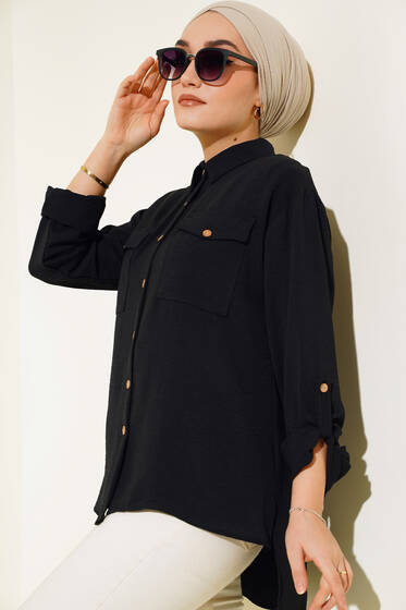 Çift Cepli Tahta Düğmeli Gömlek Siyah - Gömlek