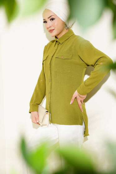Çift Cepli Tahta Düğmeli Gömlek Yağ Yeşili - Gömlek