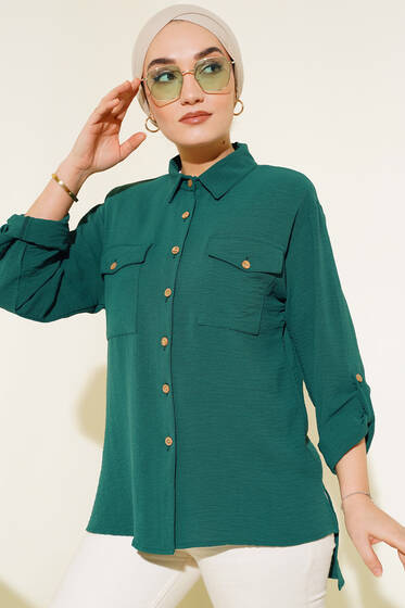Çift Cepli Tahta Düğmeli Gömlek Zümrüt - Gömlek