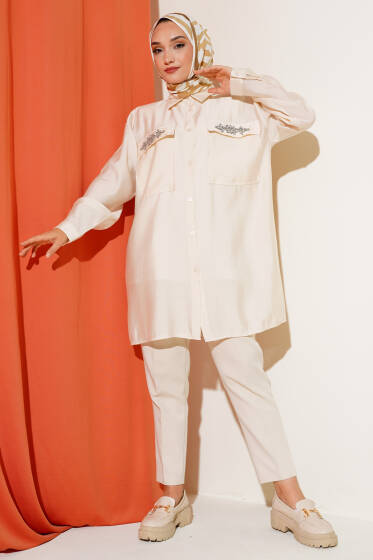 Çift Cepli Taşlı Salaş Gömlek Bej - Gömlek